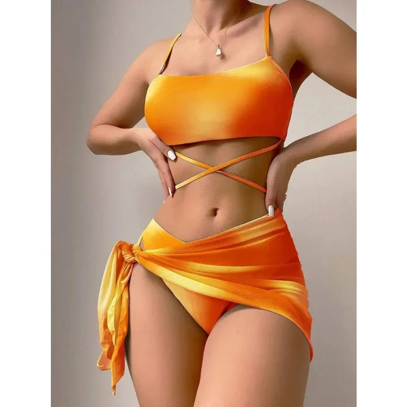 New Women Tie Dyed Split Bikini Sexy Hip Lifting Mesh Gradient Beach Three Piece Set Cross Swimwear Girl