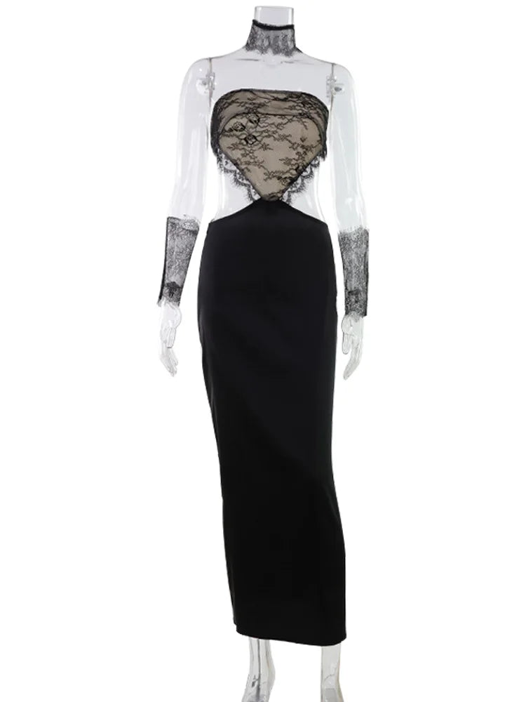 NEW Lace Patchwork Maxi Dresses For Women Fashion Sexy Night Clubwear Sleeveless Backless Fit Slash Neck Sheath Long Gowns Female Clothing Supplies