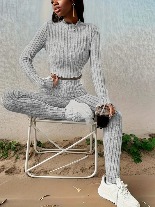 NEW 2 PCS Set S-XL Size Gray Casual Ribbed  Lettuce Trim Mock Neck Long Sleeve Top & Elastic Waist Pants Outfits, Women's Sports Clothing