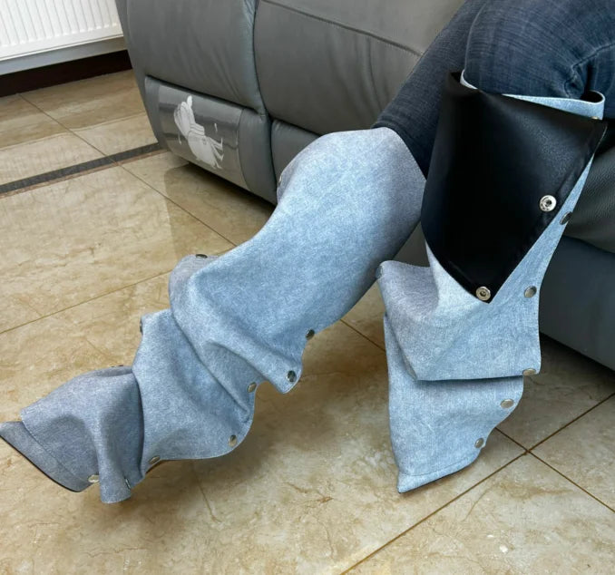 Just Arrived 7 Colors High Heel Long Boots for Women Botte Winter Boots Shoes Botas Mujer Thin Heeled Pointed Leather Denim Metal Button Shoe s Women Casual Apparel Accessories