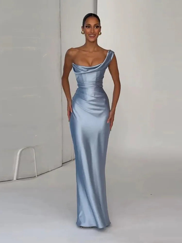 S-XL 3 Colors One Shoulder Satin Women 's Maxi Dress Cowl Neck Ruched Waist Bodycon Dresses Summer Woman Formal Evening Party Wedding Guest Outfit