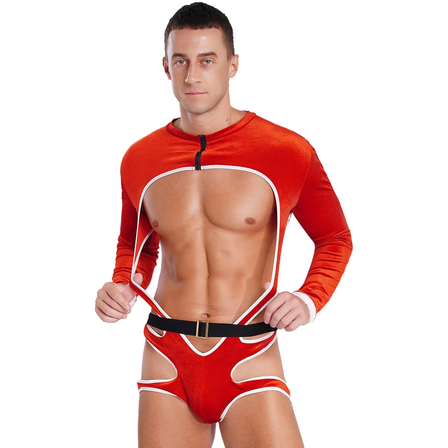 Sexy Gay Men Christmas Santa Claus Role Play Bodysuit Long Sleeve Cutout Bulge Pouch Open Butt Leotard Nightwear Festival Holiday Party Men Fashion Clothing Suits Products