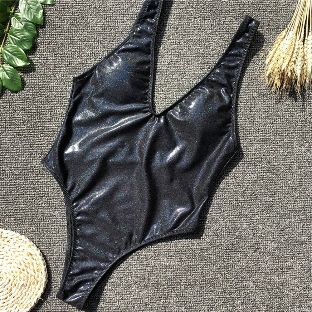 Women Sequins Leather Jumpsuit Push-Up Padded Bra Bikini One Piece Swimwear Sexy And Tight Fitting Seaside Vacation Swimsuit