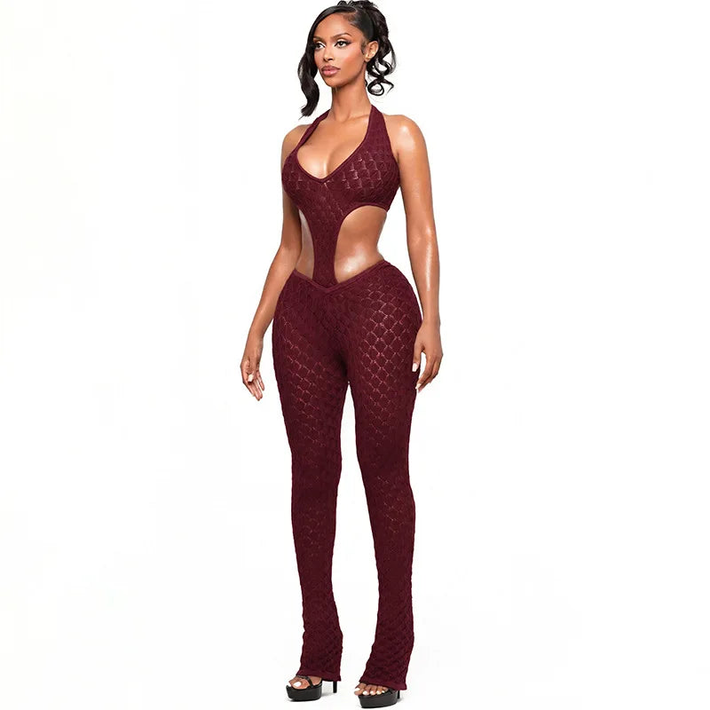 5 Colors Sexy See Through Jumpsuit Mesh Hollow Out Backless Halter Neck Rompers Summer Evening Beach Party Night Clubwear New Arrivals Women Clothes Streetwear Skinny Jumpsuits