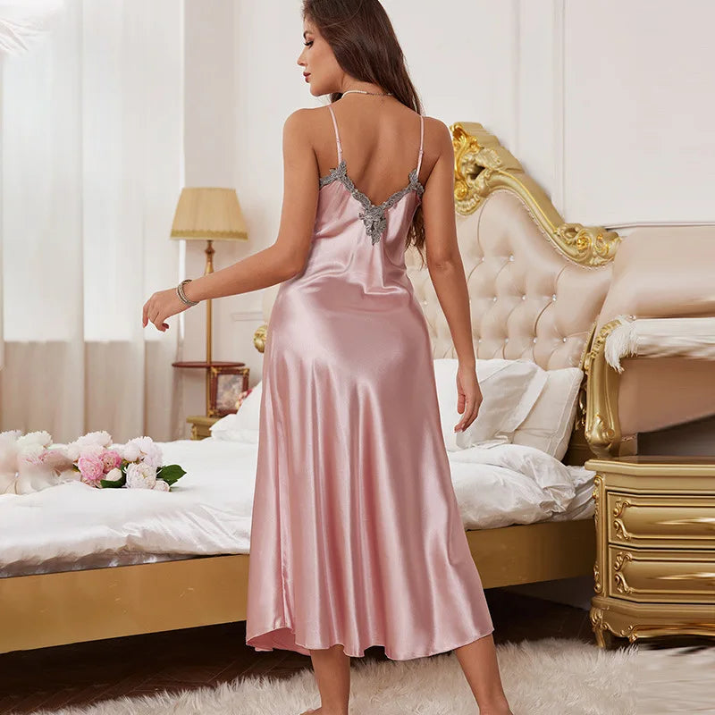 NEW S-2XL UK Plus Size Sexy Suspender Long Nightgown Female Chemise Sleepwear Home Dressing Gown Patchwork Lace Lingerie Nightdress Ice Silk Nightwear Loungewear