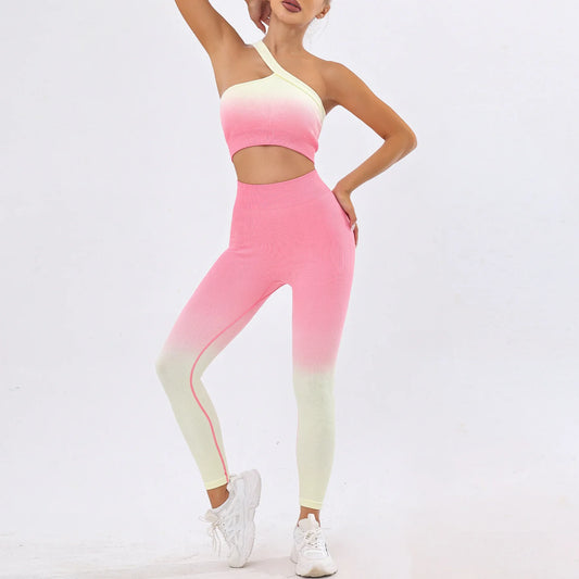 New European Style Gradient Color Seamless Yoga Suit Women's Sexy Single Shoulder Yoga Vest Push Up Leggings Trousers