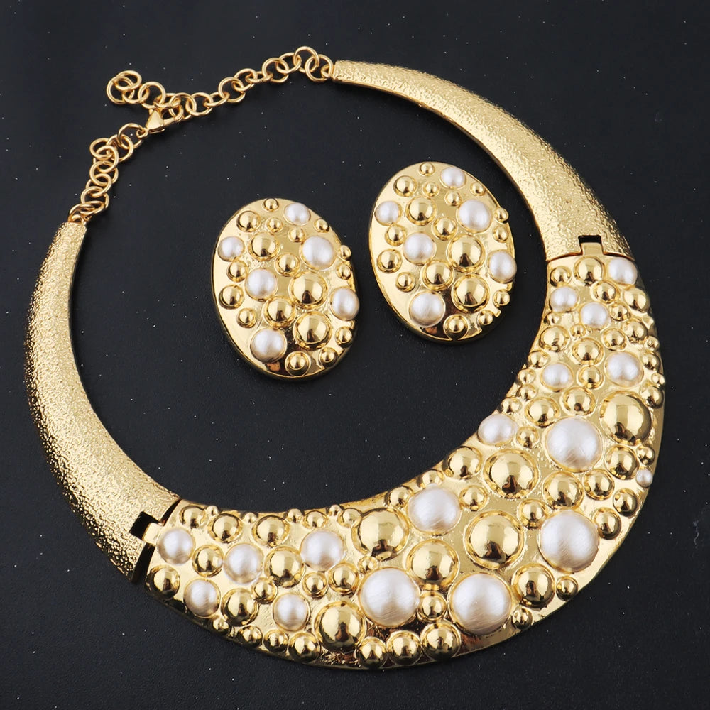Dubai 24k Gold and Silver Plated Jewelry Set Luxury Women Original Necklace Earrings Pearl Bracelet Ring Bridal Evening Wedding Party Business Dinner Red Carpet Jewelry Luxury Gift for Wife Girlfriend