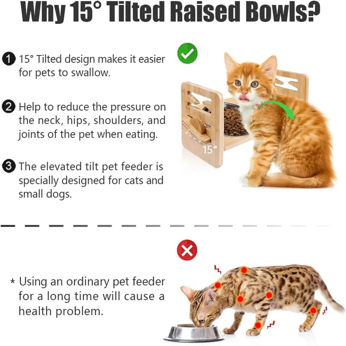 Elevated Pet Bowl for Small Dogs and Cats-Tilted Adjustable Raised Dog Bowls with 2 Stainless Steel Bowls,Non-Slip Bamboo Feeder