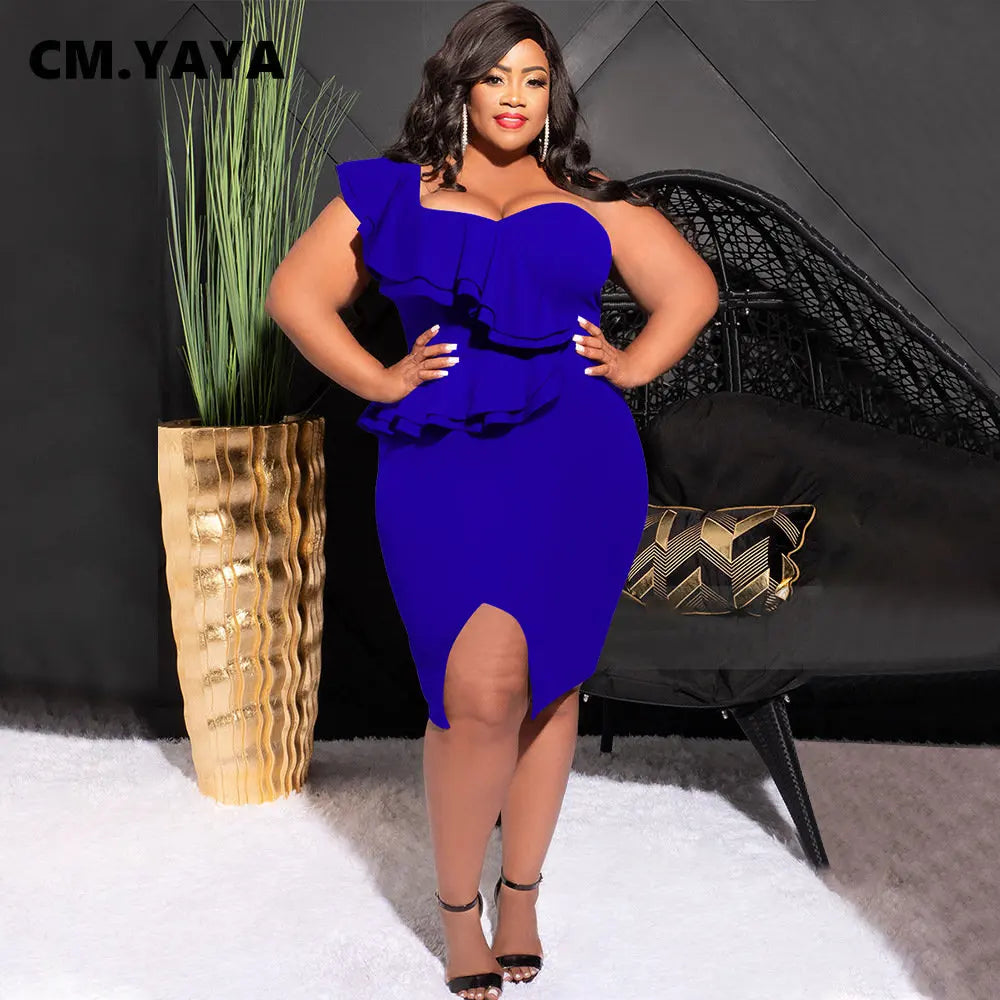 Plus Size Women Ruffles Shoulder Sleeveless Bodycon Midi Dress  Fashion INS Curve Sexy Party Club Dresses