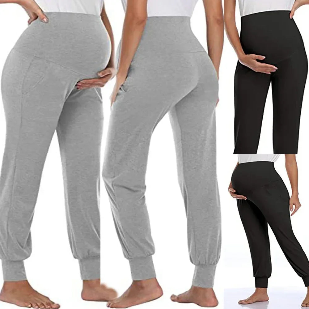S-2XL Spring Autumn Maternity Women's Casual Pants Solid High Waist Stretchy Lounge Trousers For Pregnant Women Joggers With Pockets Pregnant Women Sports Clothes