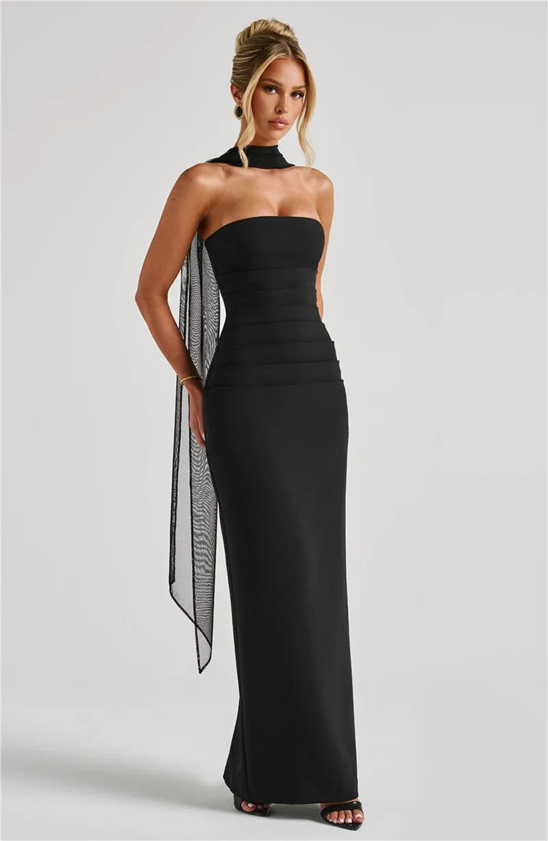 NEW Arrivals UK Size White/Burgundy/Black Color Scarf Collar Strapless Sexy Maxi Dress For Women Fashion Off-Shoulder Backless Bodycon Club Evening  Party Long Dress