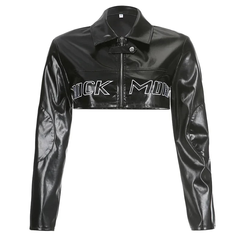 NEW Arrivals Black/Pink  Y2K Punk Gothic Leather Jacket Women Cropped Lapel Letter Embroidery Moto Jackets Coat Short Female Streetwear Night Club Mini Jacket Evening Rave Party Girls Casual Fashion Clothing Supplies