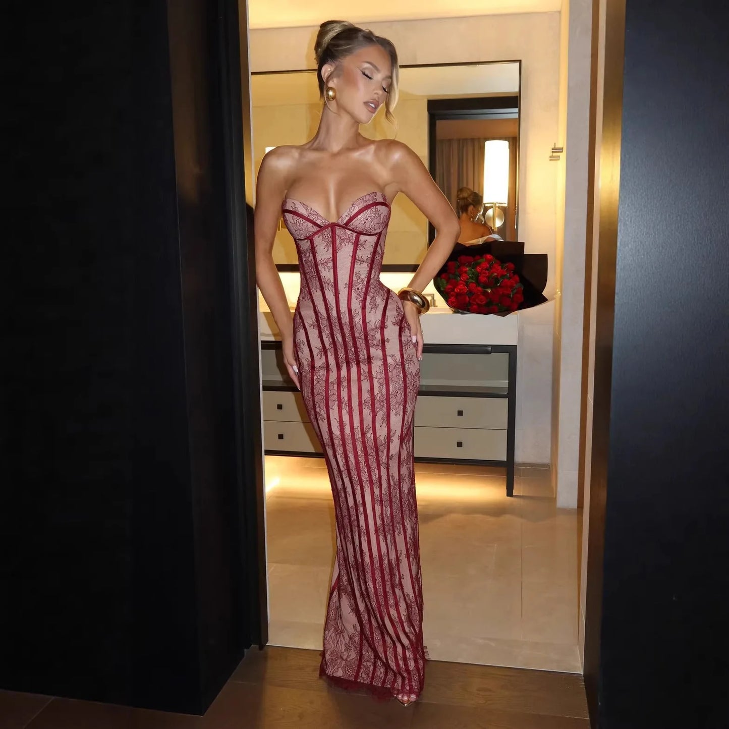 Black/Red Color French Style Chic Gauze  Strapless Sexy Maxi Dress Women Backless Off-Shoulder Waist Cinching Slim Lady Evening Party Gowns