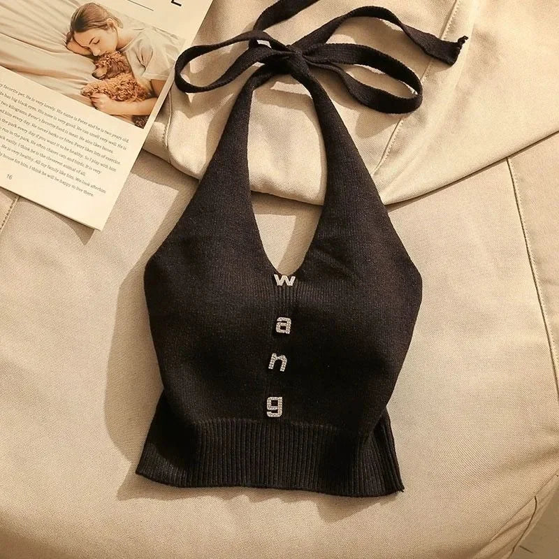 NEW Arrivals Women Short Vest Fashion V Neck Sleeveless Letter Summer Wear Tank Top Back Laced-Up Italian Fashion Style Cropped Clothing