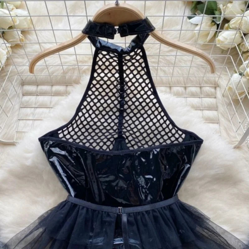 Women Sexy Halter PU Leather Patchwork Mesh Jumpsuit Bunny Girl Cosplay Uniform Lace Slim Hollow Out Bodysuit Short Skirt Pant Female Lingerie Fashion Clothing Apparel Supplies