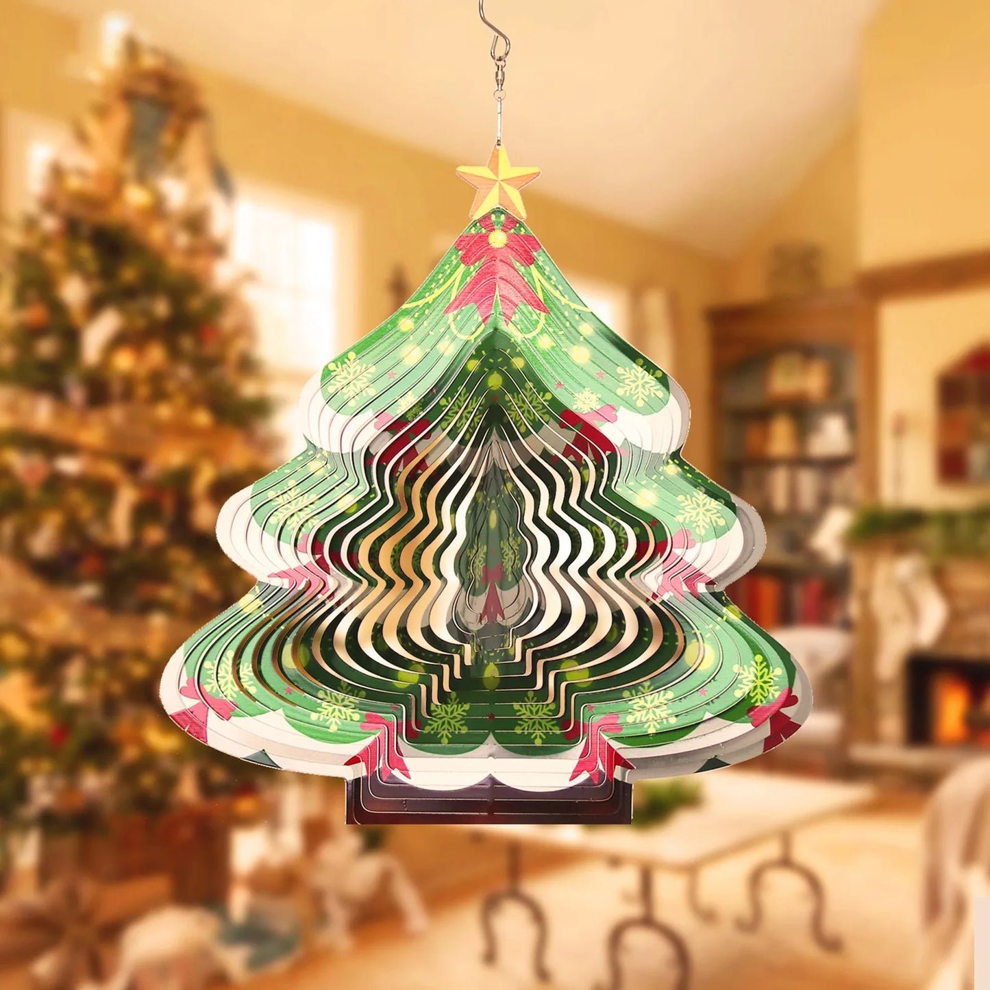 NEW 3D-30cm x 27cm Christmas Tree Shaped Wind Spinner 3D Stainless Steel Metal Wind Chimes Indoor Home Outdoor Garden Courtyard Street Lawn Trees  Christmas Decoration Supplies Garden Decoration Products