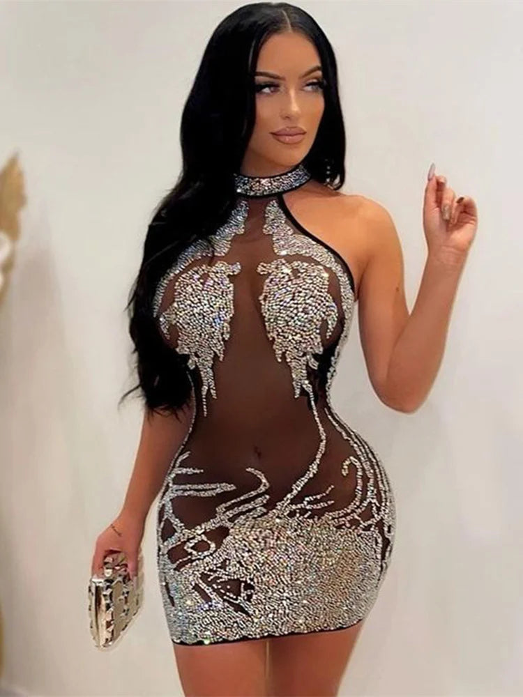 S-2XL Gold/Silvery Color Sexy Skinny Women See Through Luxury Dress Mesh Shiny Rhinestones Transparent  Coquette Mini Bodycon Hot Girls Ball Gown Party Night Clubwear Mini Dress