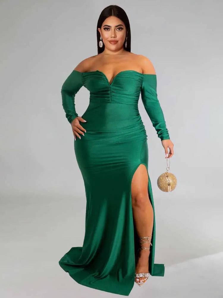NEW Arrivals XL-4XL UK Size Green/Red/Black/Blue Curvy BBW Women Elegant Luxury Off The Shoulder Dress Strapless Long Sleeve Evening Party Wedding Birthday Dress Spring Plus Size Female Side Slit Dress
