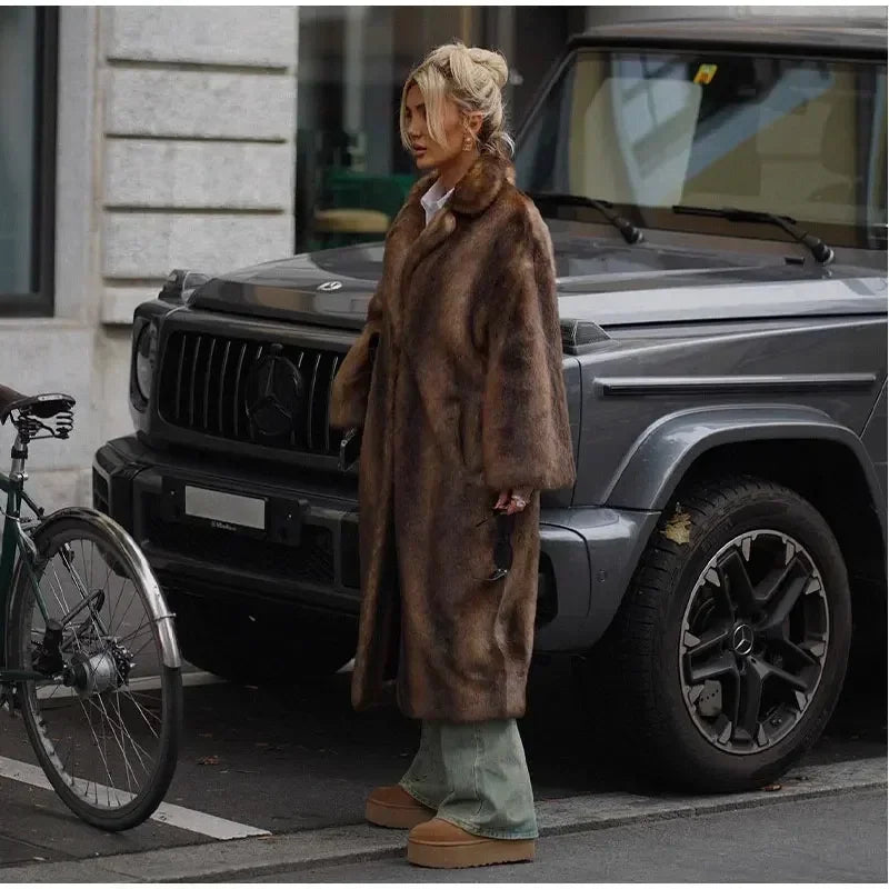 NEW HOT SALE Italian Style Luxury Women Ladies Dark Brown Faux Fur Long Overcoat Snow Clothes Supplies  Lapel Single Breasted Loose Fluffy Plush Warm Coat Winter Thicken Outerwear Female Luxury Fashion Clothing Products