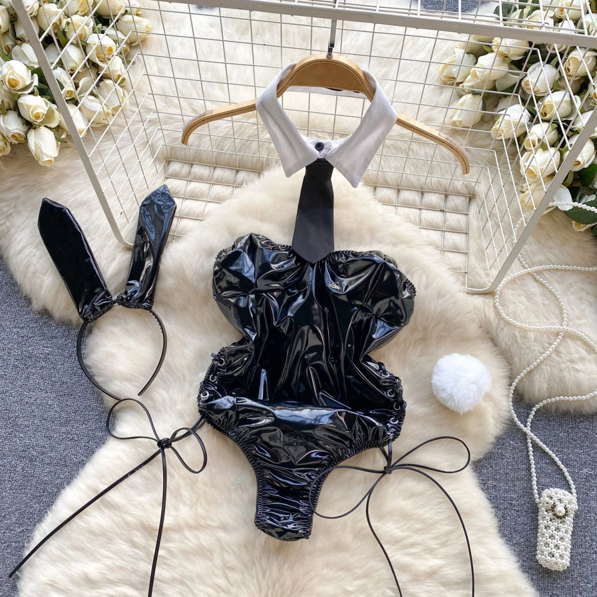 Playboy Bunny PU Leather Rabbit Girl Strapless Strapping Slim Jumpsuit Set Exotic Pornographic Lingerie Party Cosplay Bodysuit Lace-up Sexy Lingerie Underwear Fashion Clothing Sexy Apparel Products