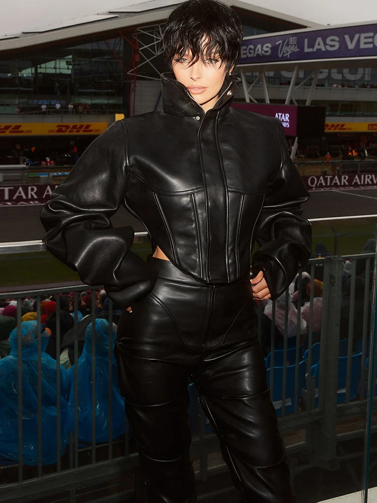UK Size Brown/Black Color Wild PU Leather Irregular Crop Jacket Women Turtleneck Zip Button Full Sleeve Sexy Hottie Street Midnight Club Hipster Coat