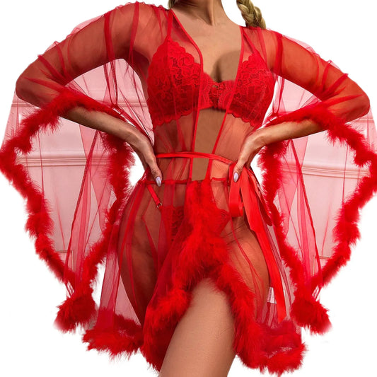 Ladies Sexy Lace Pajamas Evening Dress Sexy Lingerie Transparent Mesh Robe Underwear Solid Color Lace Bathrobe Dress Swimsuits