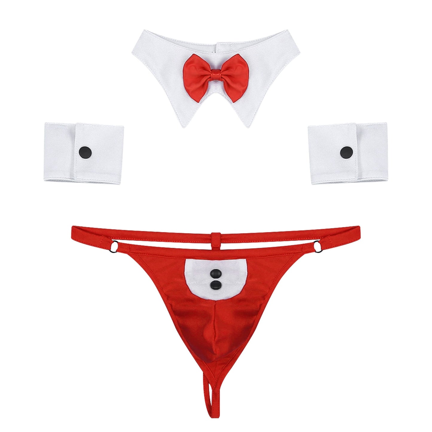 Mens Waiter Lingerie Set Sissy Sexy Tuxedo Costume G-string Thong with Bow Tie Collar and Bracelets 3Pcs Set Cosplay Underwear