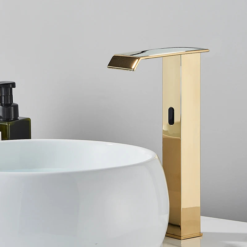 NEW Silver/Gold/ Black Color Luxury Smart Motion Sensor Bathroom Basin Faucet Touchless Automatic Sense Mixer Tap Waterfall Hot Cold Water Washbasin Crane Home Bathroom Accessories