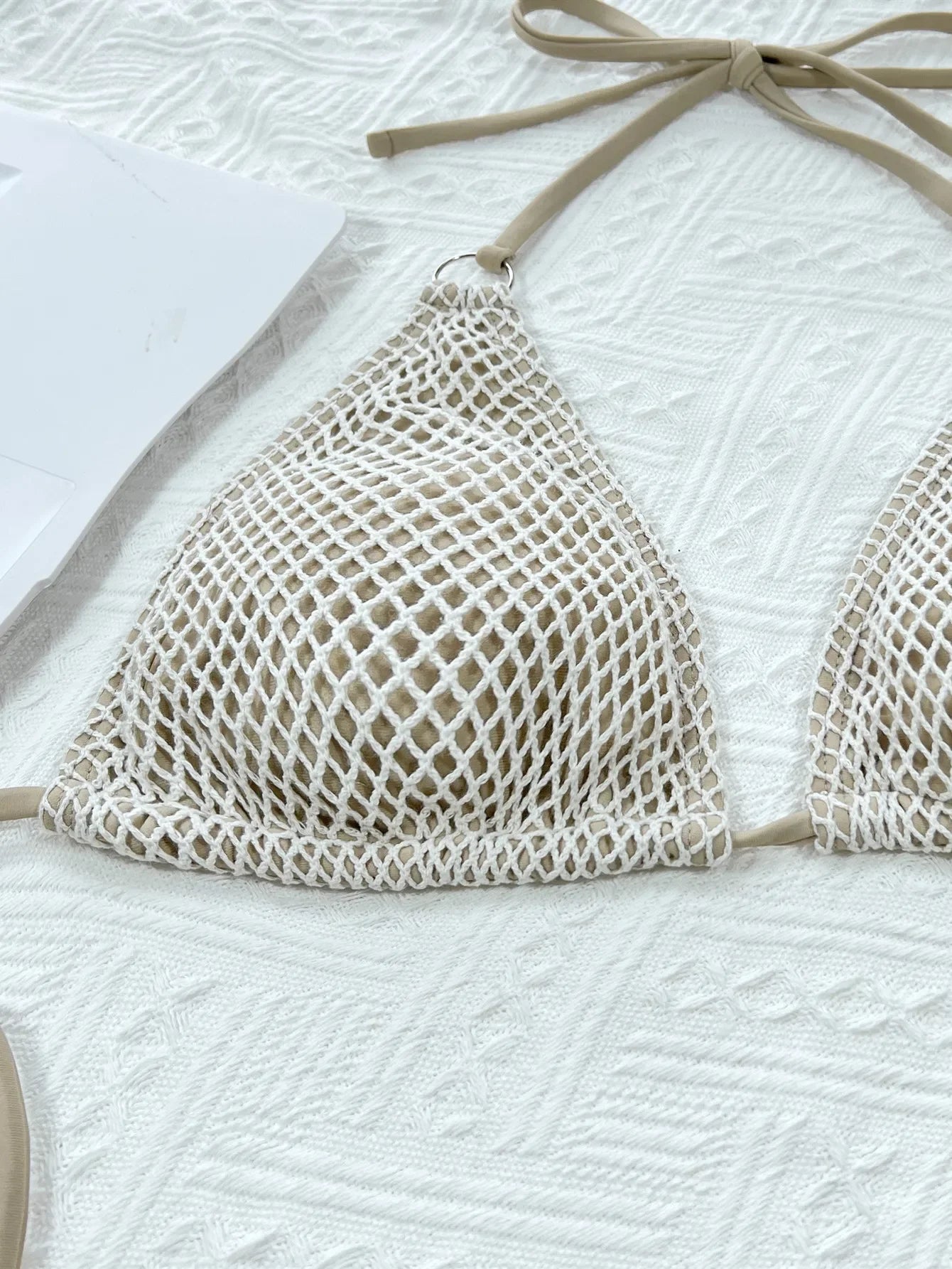 Women Sexy 2 Pieces Suit Knitted Hollow Out Swimsuit Triangle Thong Padded Bikini Halter Lace-Up Swimwear Backless Bathing Suits