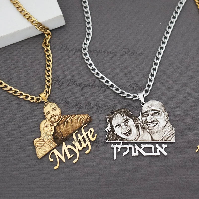 Personalized Custom Picture Nameplate Gold/Silvery 50cm Cuban Chain  Pendant Custom Photo Necklace Engraved Portrait Necklace Anniversary Birthday Wedding Gifts for  Jewelry Family Gifts