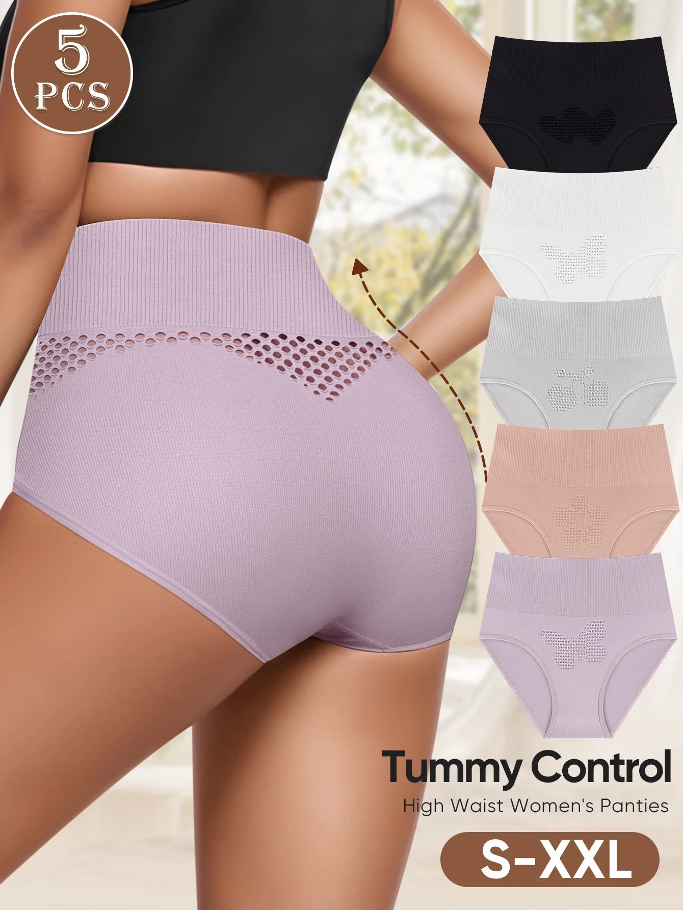 5PCS Set S-2XL Large Size Breathable Non-Stuffy High-Waisted Women's Underwear Ventilation Holes Seamless Shapewear Cooling Slimming Panties Ladies Underwear Sets