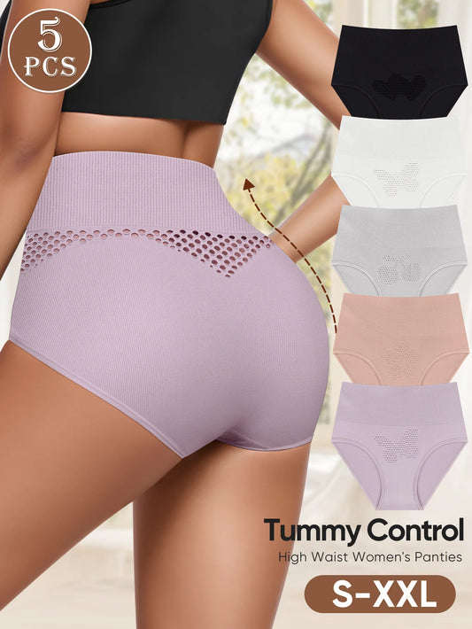 5PCS Set S-2XL Large Size Breathable Non-Stuffy High-Waisted Women's Underwear Ventilation Holes Seamless Shapewear Cooling Slimming Panties Ladies Underwear Sets