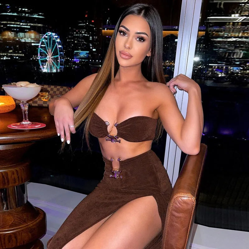Low-Price Sales are Limited NEW 2PCS Set Velvet Sexy Strapless Crop Tube Top High Waist Slit Maxi Dress Fall Women Female Streetwear Evening Beach Party Night Club Outfit Sexy Dress Girls Ladies Luxury Fashion Clothing Suppli