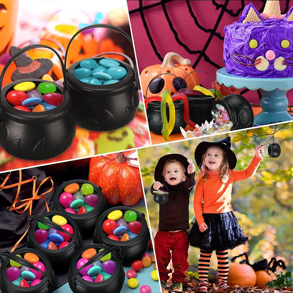 12PCS Set Halloween Scull-Jars Cauldron Decoration,Mini Black Plastic Witches Cauldron,Halloween Candy Basket,Trick Or Treat Bucket