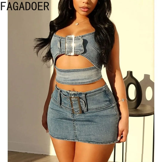 Blue Fashion Hollow Out Elasticity Denim Two Piece Sets Women Thin Strap Sleeveless Tank Top And Skirts Cowboy Outfits