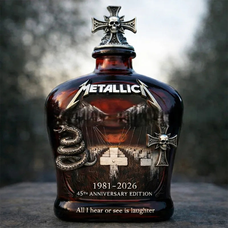 METALLICA 45th Anniversary Limited Edition Whiskey Decanter - Rock Band Collectible Glass Bottle with Skull Cross Decor Gift Bars Pubs Night Club Cava Barware Supplies