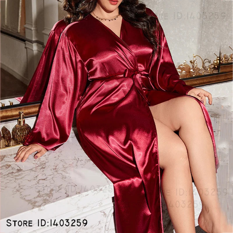 Plus Size XL-5XL 4 Colors Female Long Ice Silk Robe Sleepwear Spring Summer New Satin Kimono Bathrobe Gown Loose Casual Silk Satin Home Dress Lounge Wear