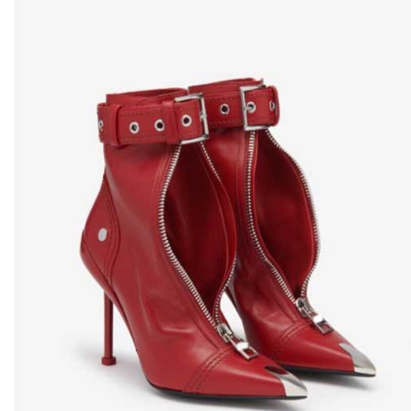 European and American Sexy Women's Zipper High Heel Short Boots Fashion Pointed Belt Buckle Women's Ankle Boots