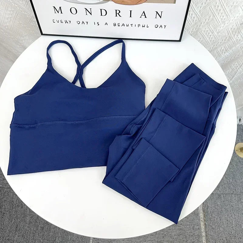 2 PCS Yoga Set 7 Colors Sportswear Fitness Suits Sexy Cross Back Yoga Tops Elasticity High Waist Leggings Running Sports Clothing👚👍️