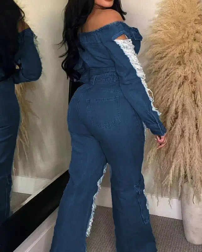 S-2XL Sexy Women Outfit High Waist Pocket Design Ripped Jeans Streetwear Pants Autumn Summer Spring New Fashion Girls Casual Fashion Clothing Supplies