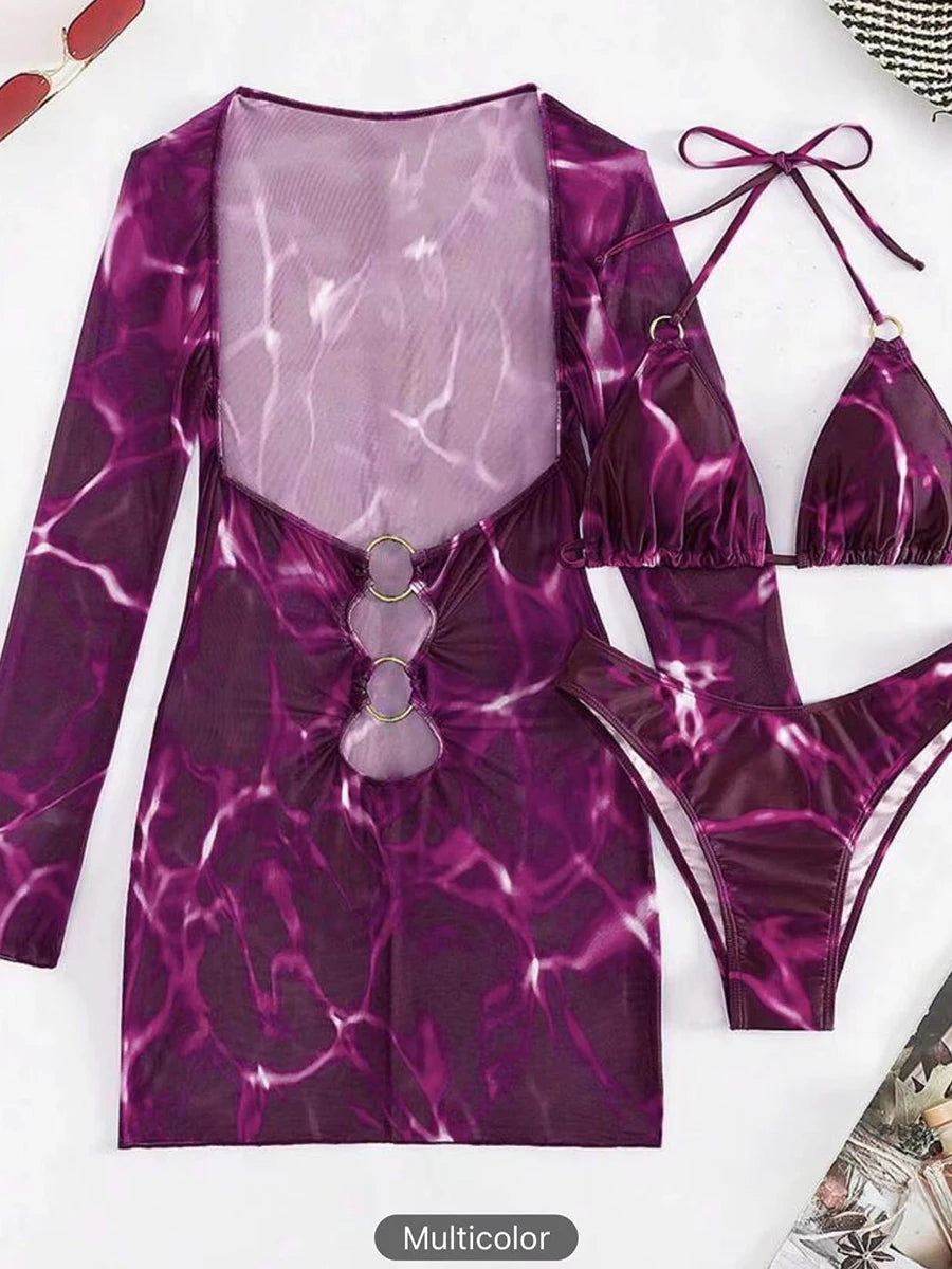 NEW Arrivals 3PCS Set 5 Colors Women Sexy Bikini Set 2025 & Drawstring Ring Link Beach Skirt Women Swimsuit Sexy Swimwear Female Bathers Bathing Swimming Girls Ladies Sexy Beach Wear Suit