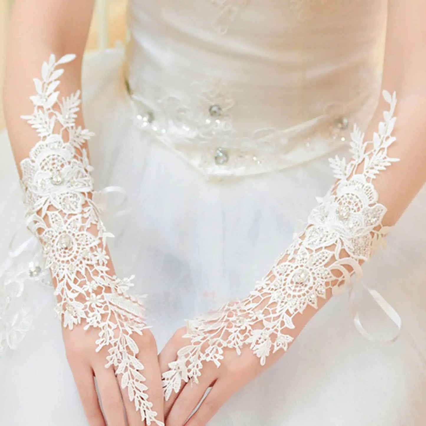 Crystal Women's Wedding Gloves Fingerless Elbow Bridal Gloves Floral Ivory Long Gloves Wedding Accessory for Bride