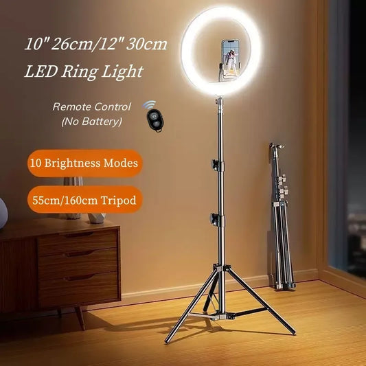 Home Studio Recording 10inch 12inch (160cm) LED Ring Light with Stand, Selfie Ring Light for Photography Makeup Video Recording, Dimmable Fill Light for Live Streaming Broadcast