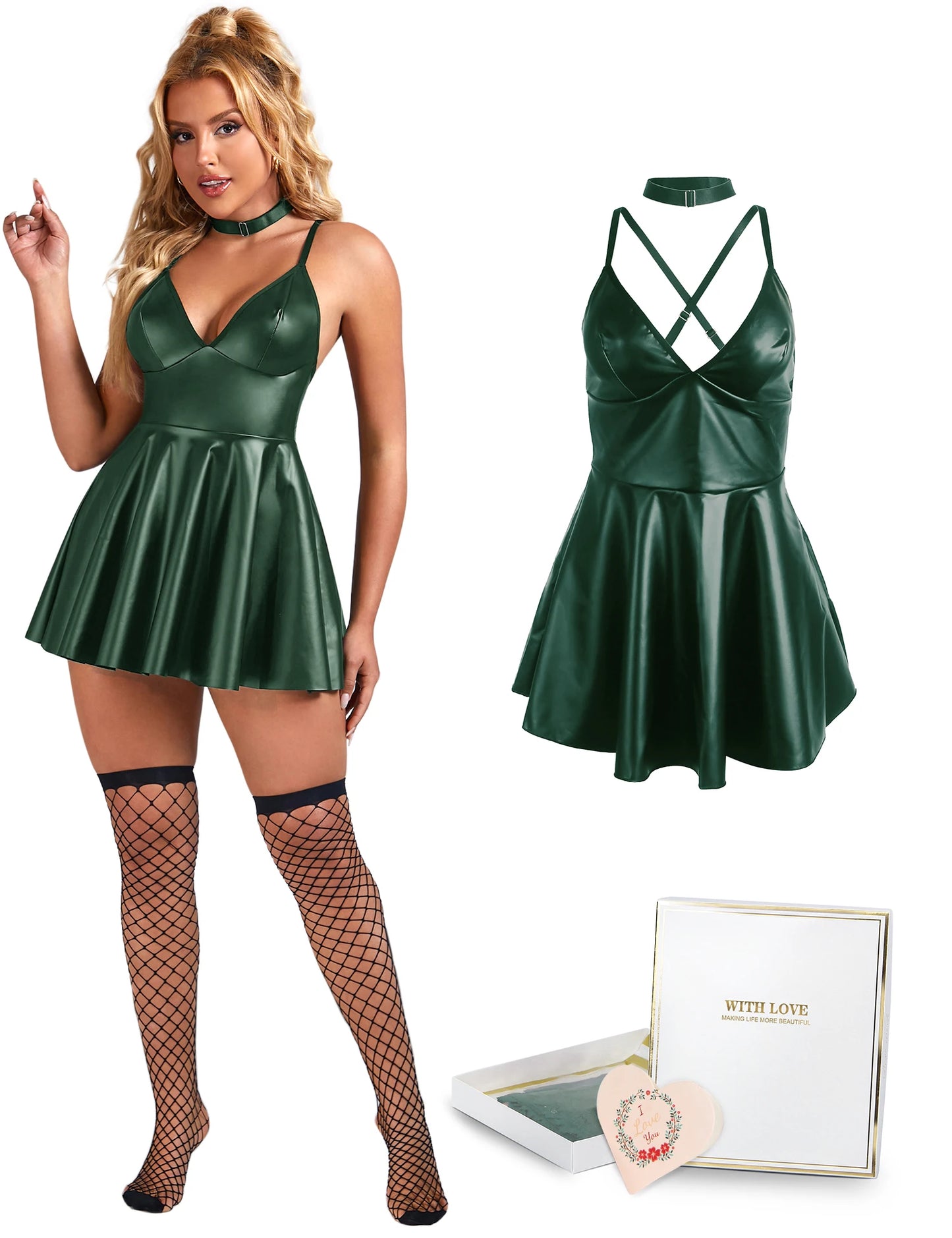 S-3XL UK Plus Size 4 Colors Sexy PU Leather Suspender + Gift Box Curvy Girls Sexy Nightdress Evening Party Night Clubwear Outfit Women Leather Mini Dress