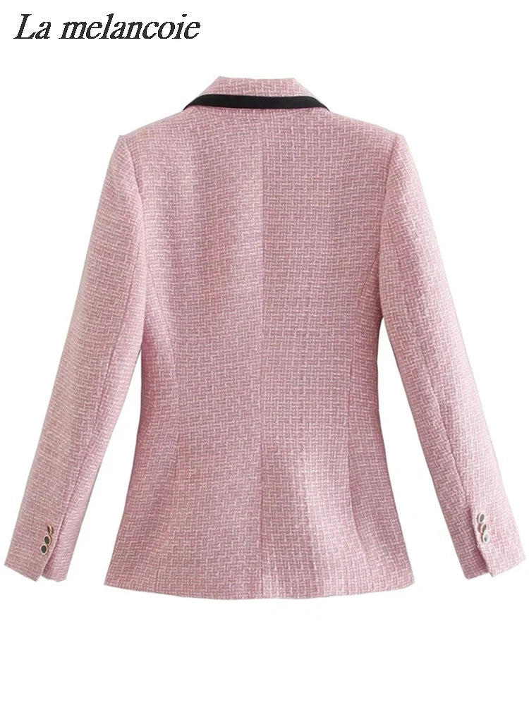 NEW Arrivals Pink/Ivory Vintage Tweed Double Breasted Blazer Coats Women New Autumn Winter Elegant Chic Pockets Jacket Office Ladies Casual Suits Ladies Luxury Fashion Clothing Supplies
