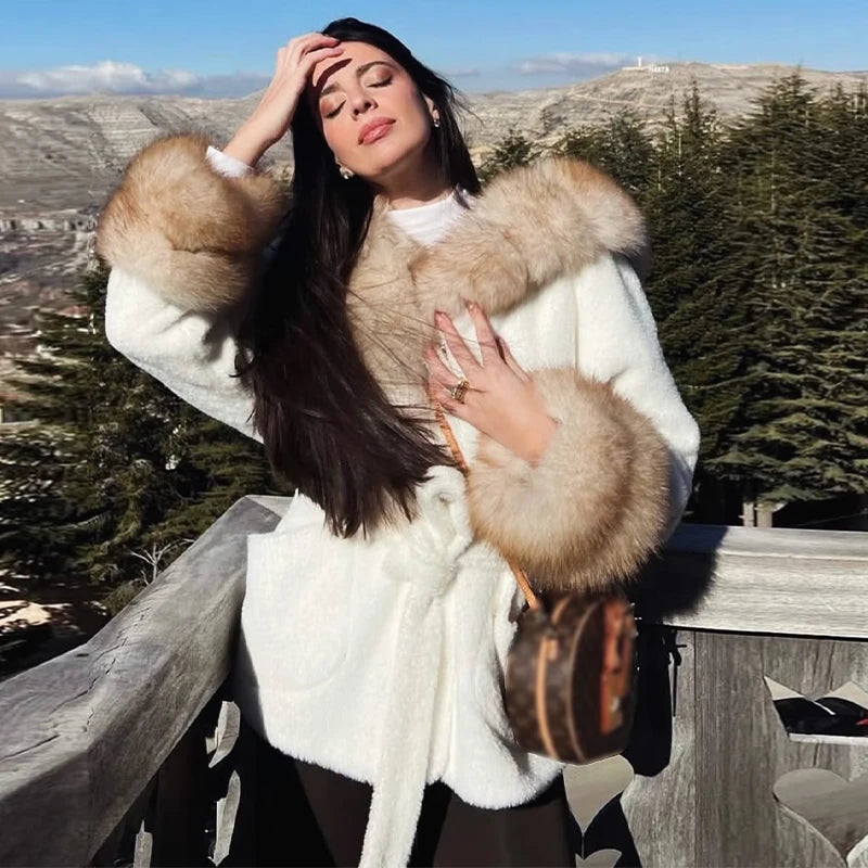 UK Size White/Gray/Brown/Black Color Hoody Mink  Fur Furry Coats Women Fashion Belt Long Sleeve Pocket Thicken Warm Jacket Autumn Winter Urban Lady Streetwear