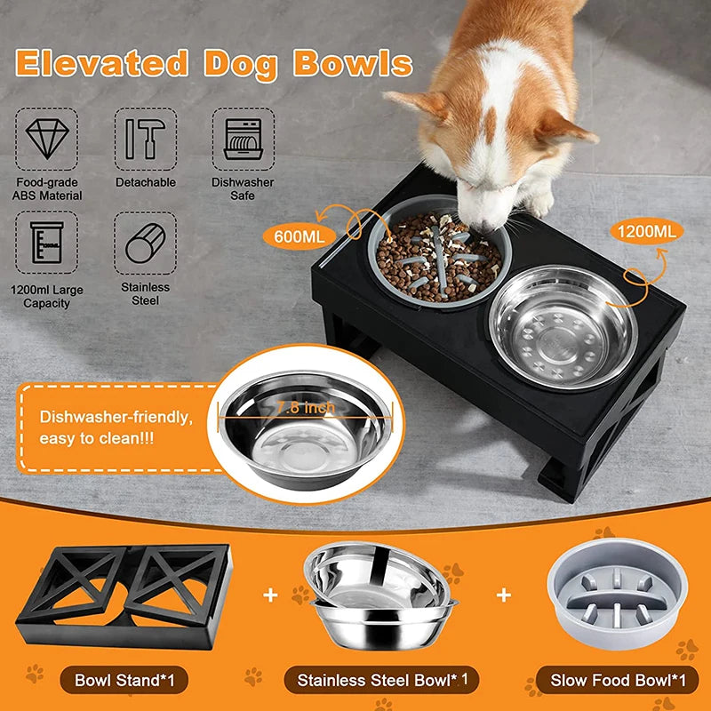 Elevated Dog Bowls 3 Adjustable Heights Raised Dog Food Water Bowl with Slow Feeder Bowl Standing Dog Bowl for Medium Large Dogs