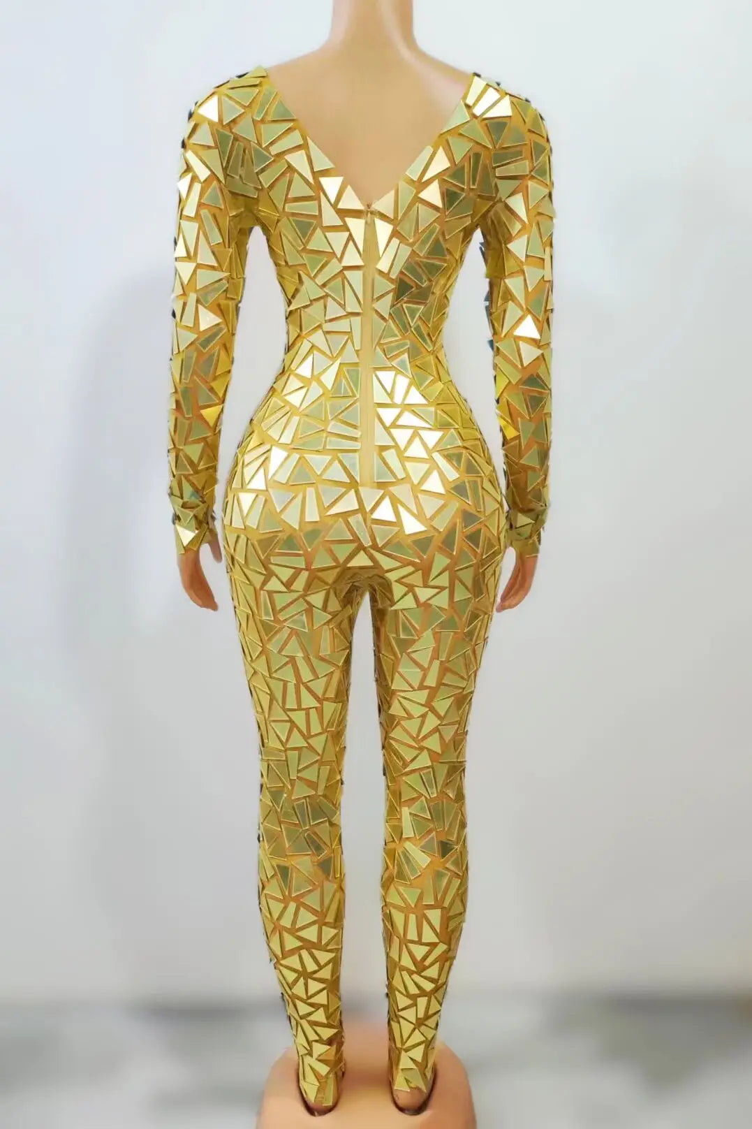 Gold Blue Red Flashing Full Mirrors Long Sleeves Transparent Gogo  Jumpsuit Birthday Celebrate Costume Evening Women Dance Bodysuit Stage Performance Tec Wear Fashion Clothing Supplies
