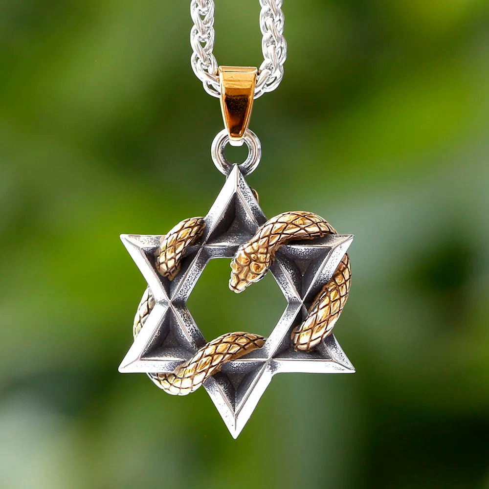 New Design 316L Hexagram Stainless Steel Five-Pointed Star Snake Pendant Necklace with Chain For Women Men Cool Gothic Punk Animal Jewelry Accessories