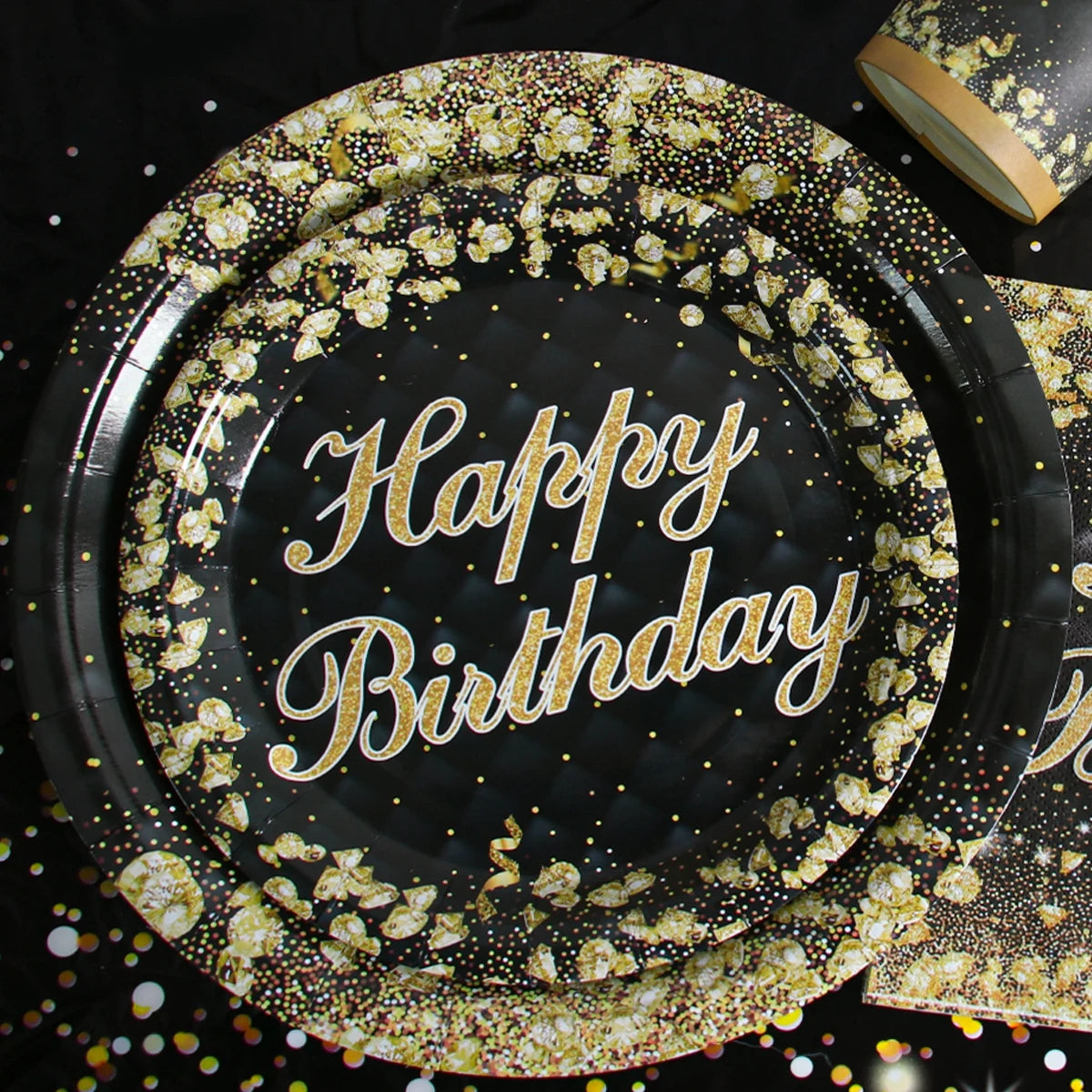 Black Gold Disposable Tableware Paper Plates Cup Happy Birthday Party Decoration 30 40 50 60 Baby Shower Birthday Party Supplies